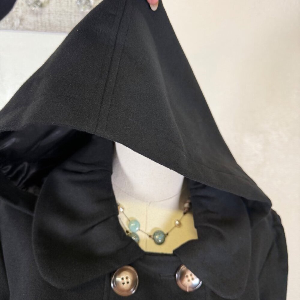 PINK ENVELOPE Womens Long Sleeve Button Front PeaCoat Jacket Black Hooded - Picture 7 of 13